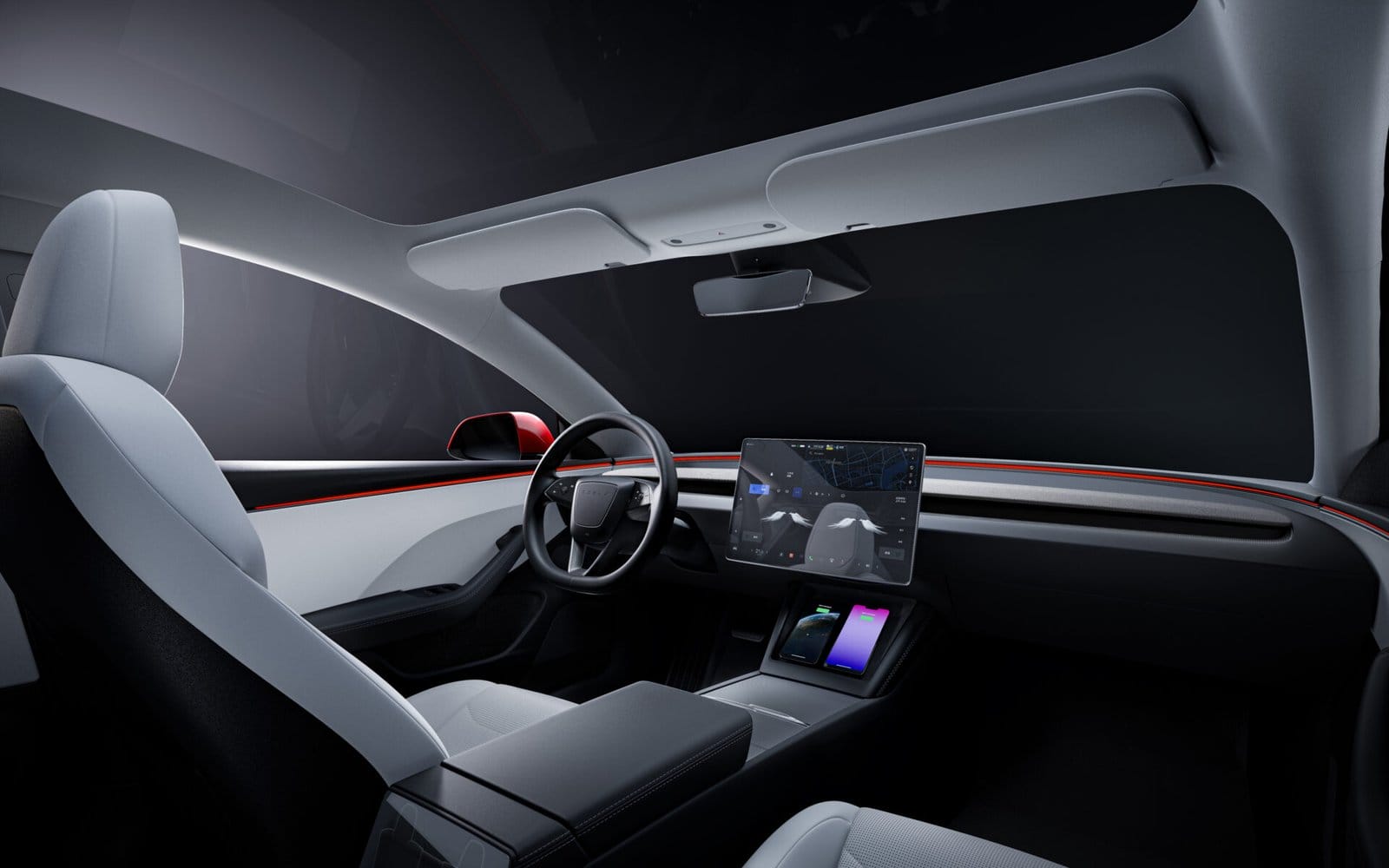 A spacious and modern interior of a Tesla Model 3 electric vehicle, showcasing a minimalist dashboard, touchscreen display, and glass roof.