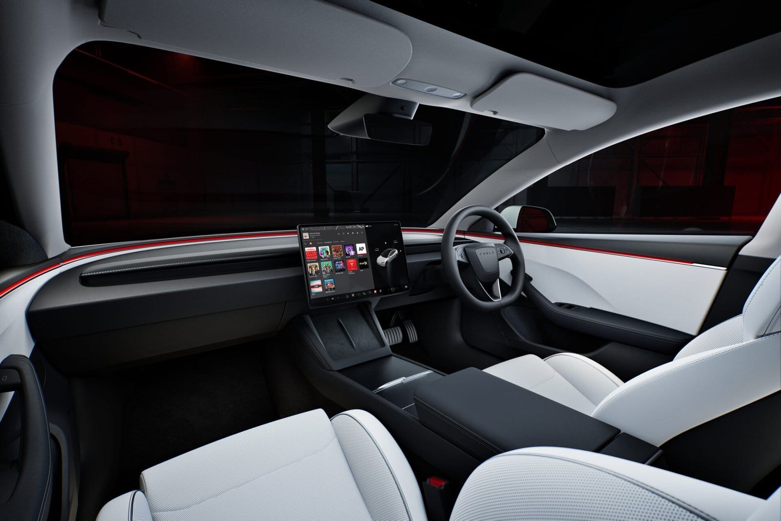 Interior view of the Tesla Model 3 electric vehicle, featuring white seats, a central touchscreen displaying media apps, and red ambient lighting.