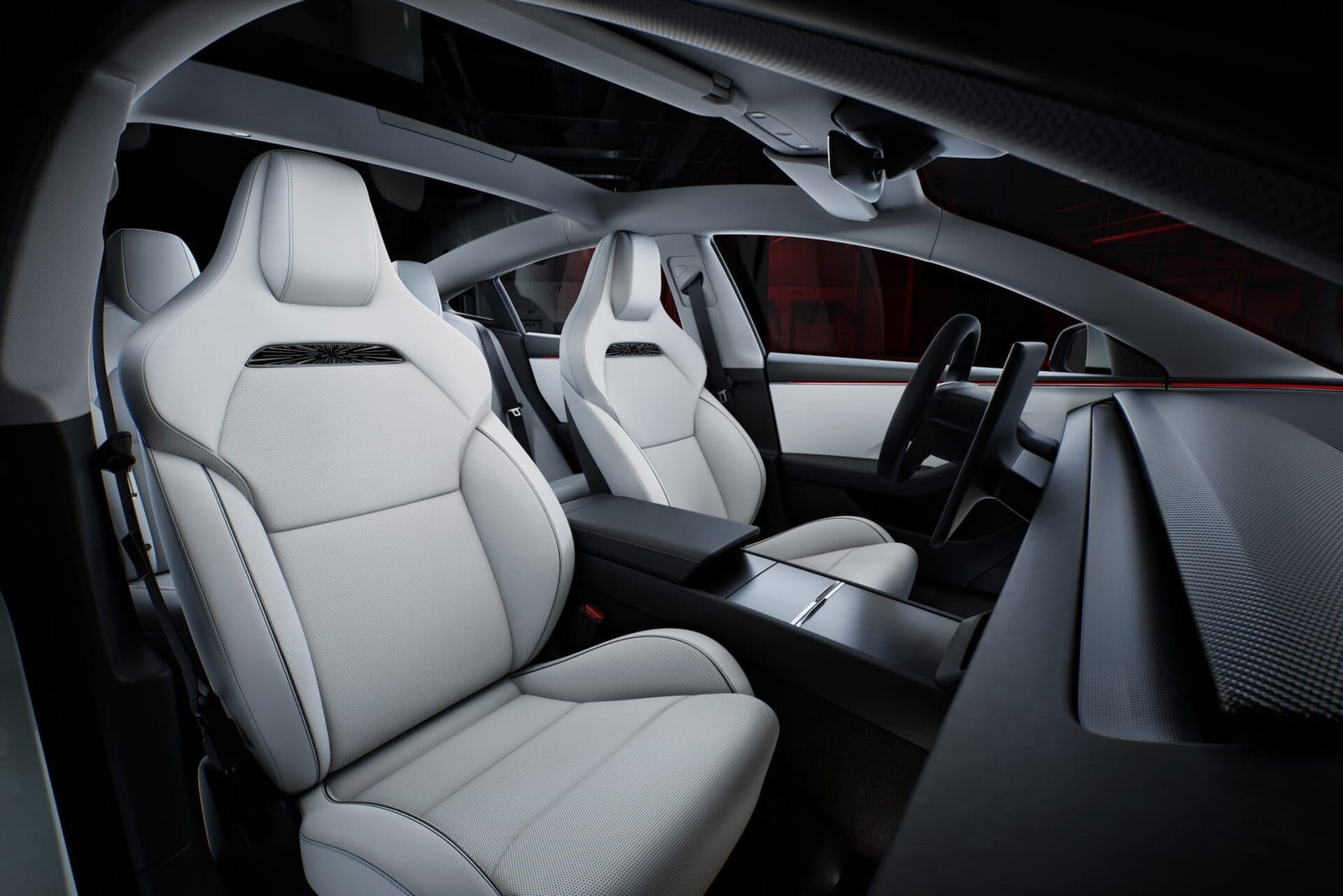 Close-up of the Tesla Model 3 electric vehicle’s interior, featuring white sport seats, a panoramic glass roof, and a minimalist cockpit design.