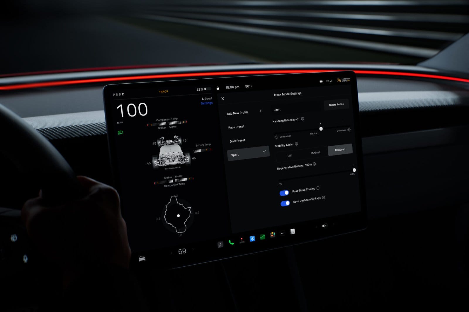Tesla Model 3 electric vehicle’s touchscreen showing Track Mode settings, including handling balance, stability assist, and regenerative braking.