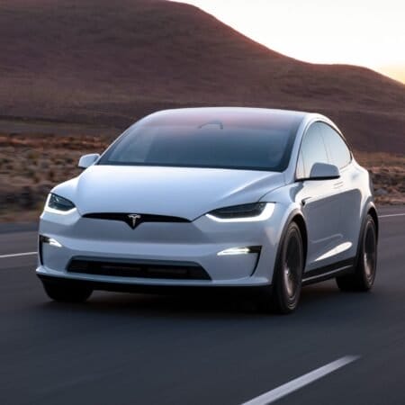 Pristine White Tesla Model X Electric Vehicle at Dusk