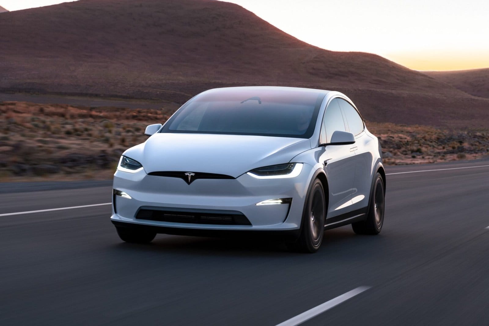 Pristine White Tesla Model X Electric Vehicle at Dusk