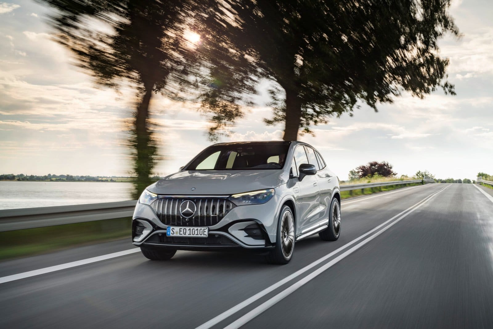 mercedes benz eqe suv electric vehicle lakeside road