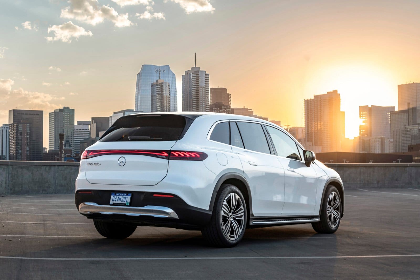 mercedes benz eqs suv sunset skyline electric vehicle