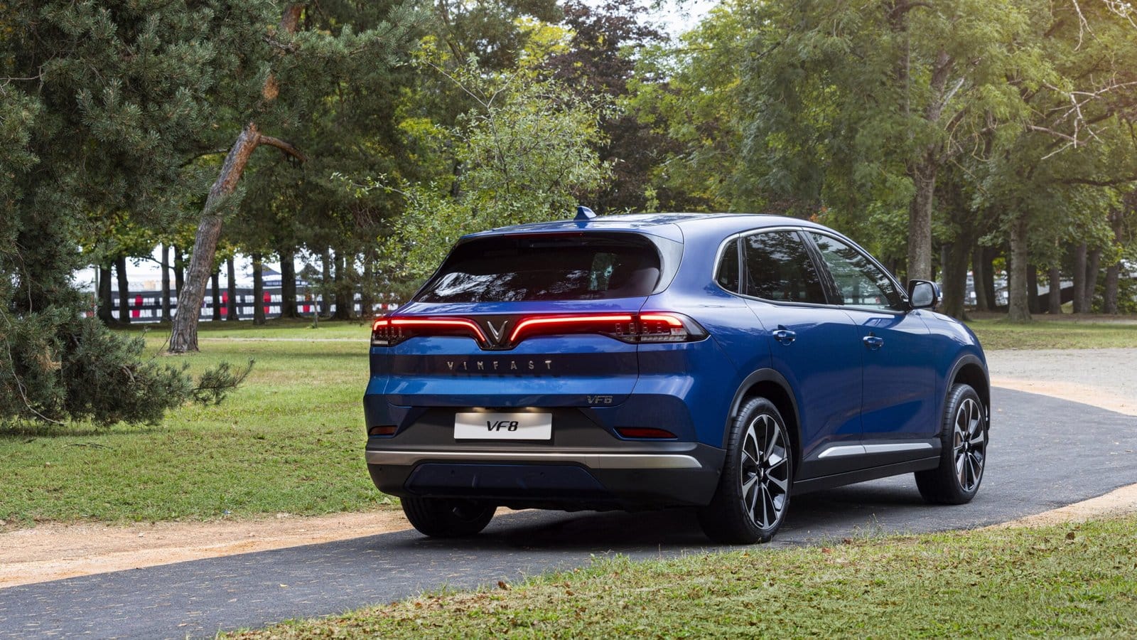 Rear view of a blue Vinfast VF8 electric vehicle parked on a paved path in a green wooded park