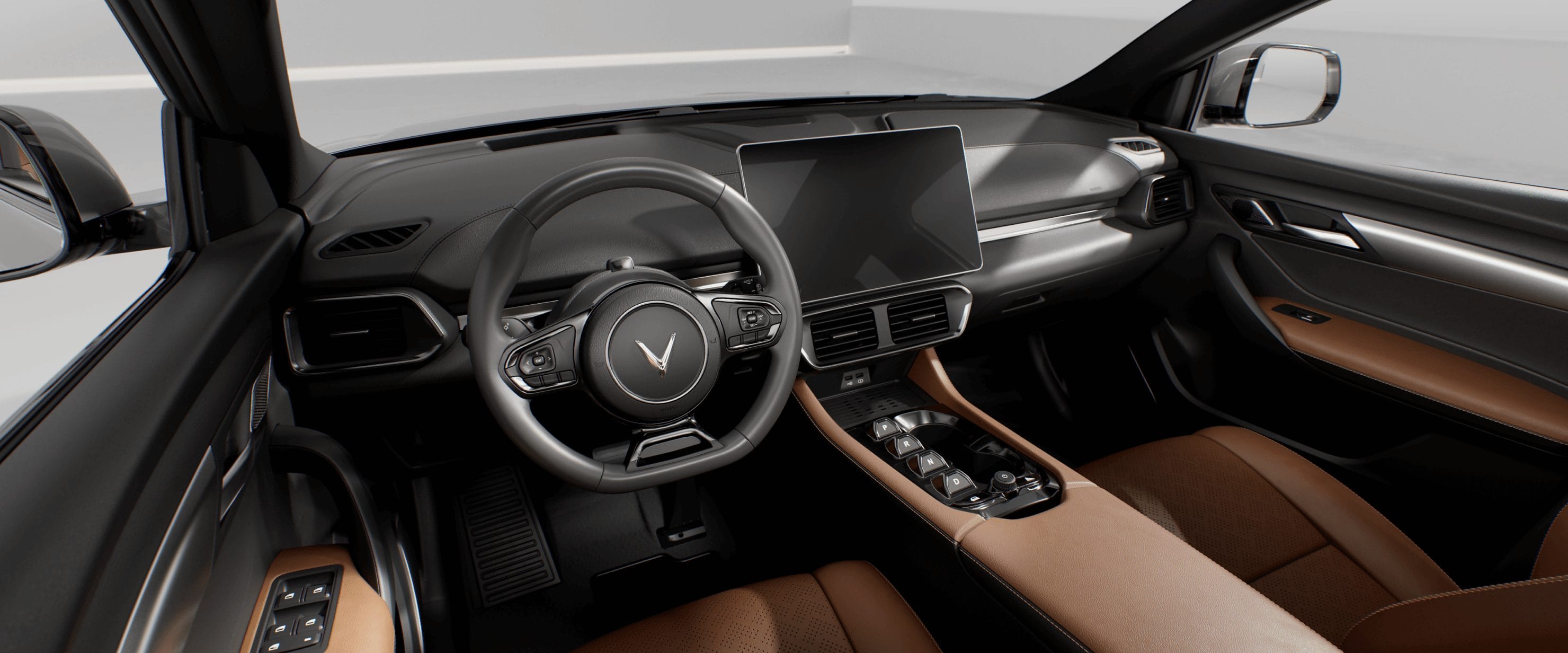 Vinfast VF8 electric vehicle front interior showing steering wheel, large touchscreen, and brown leather seating