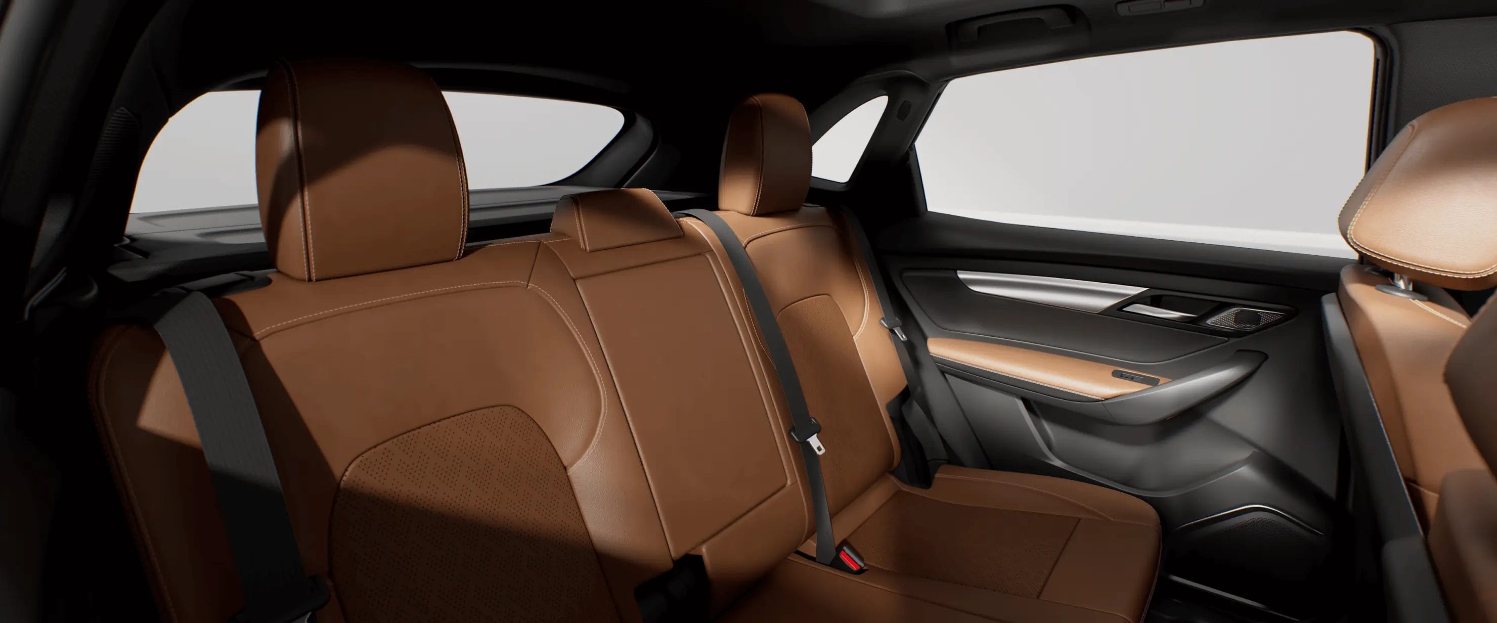 Back seat area of Vinfast VF8 electric vehicle with brown leather interior and window view