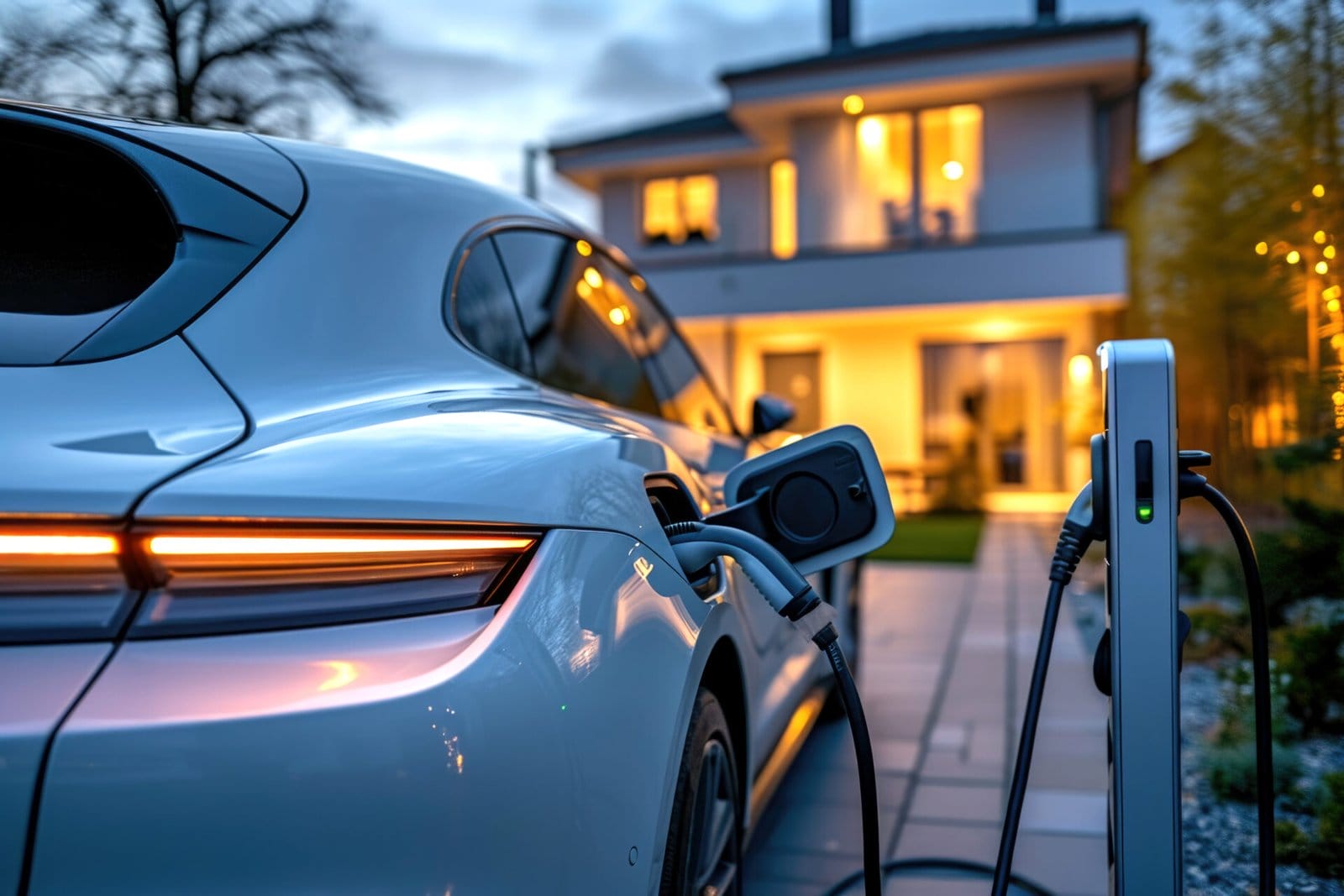 Electric car's charging port connected to charging station charging visible at home background, vehicle charging battery, environmental sustainability representation, eco green power concept