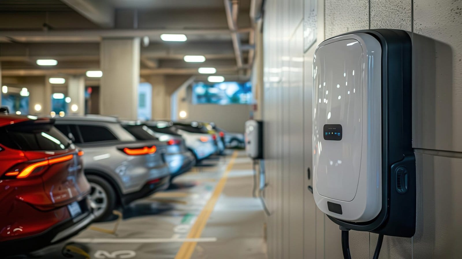 Wall mounted EV charger in an urban apartment complex parking area with several electric vehicles connected