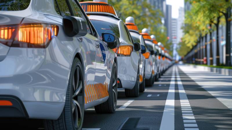 A fleet of autonomous taxis providing on demand transportation services in urban areas, reducing the need for private car ownership.