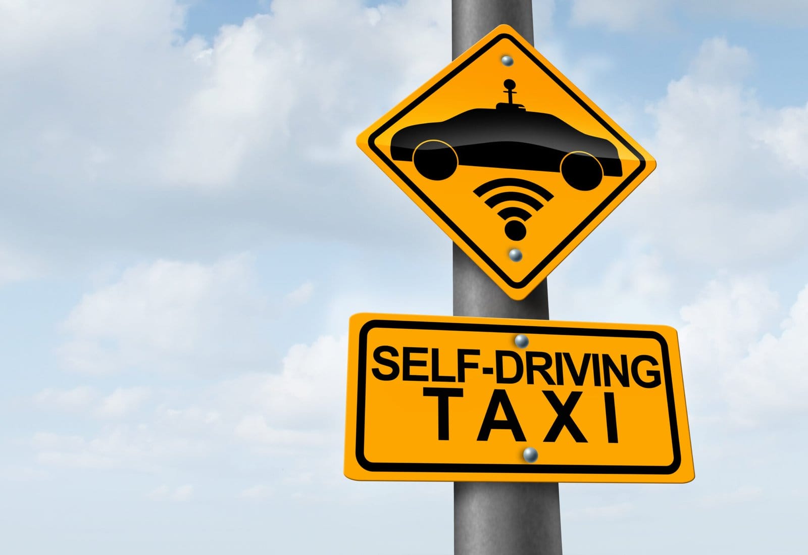 Self Driving robot Taxi AI Artificial Intelligence or robotaxi with a driverless cars as a robo taxi robotic wireless technology concept as a traffic sign with a self driving vehicle as a symbol.