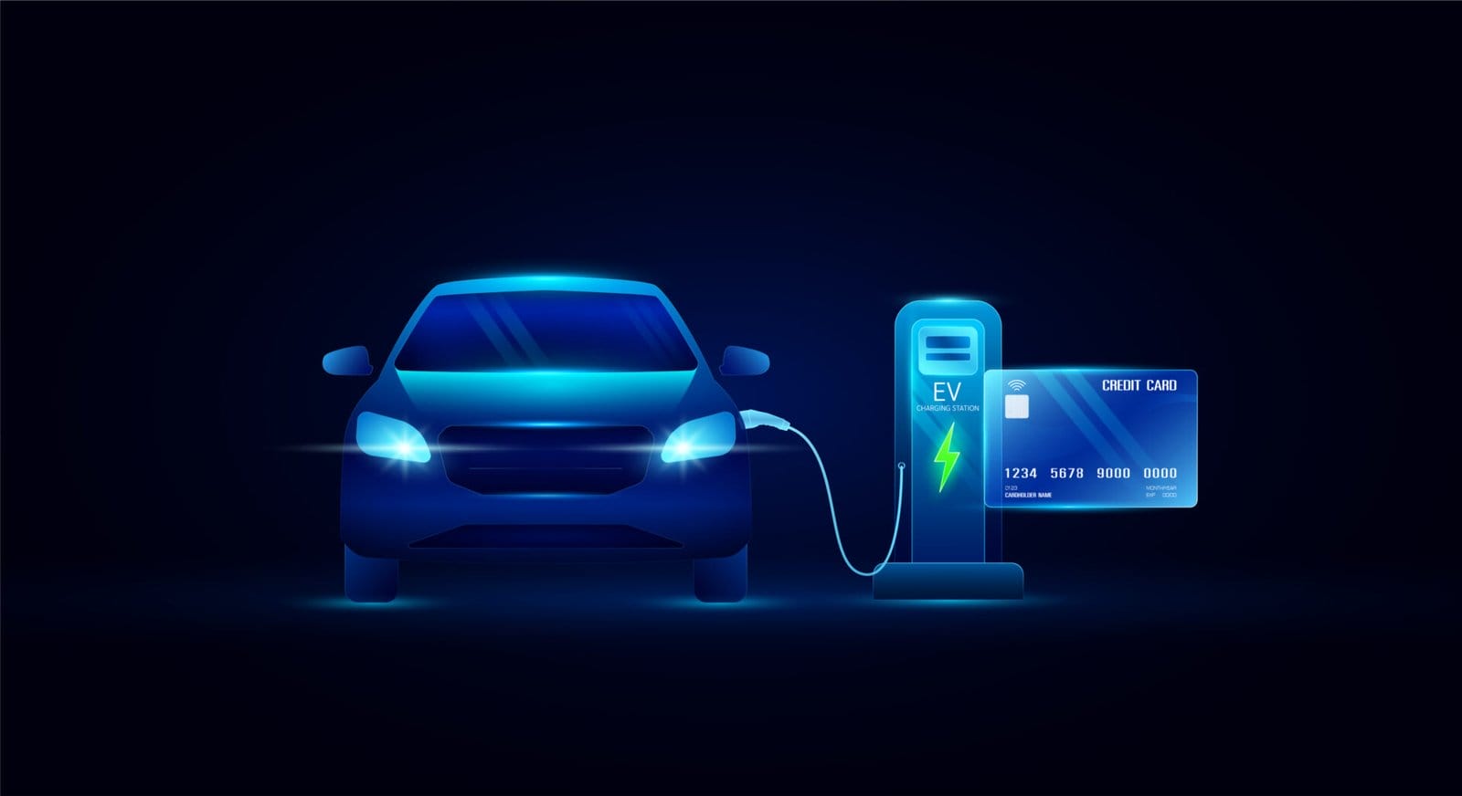 Credit card and Charging station EV car. Electric vehicle alternative clean energy future to automotive industry. Environment energy technology. Banner vector EPS10.