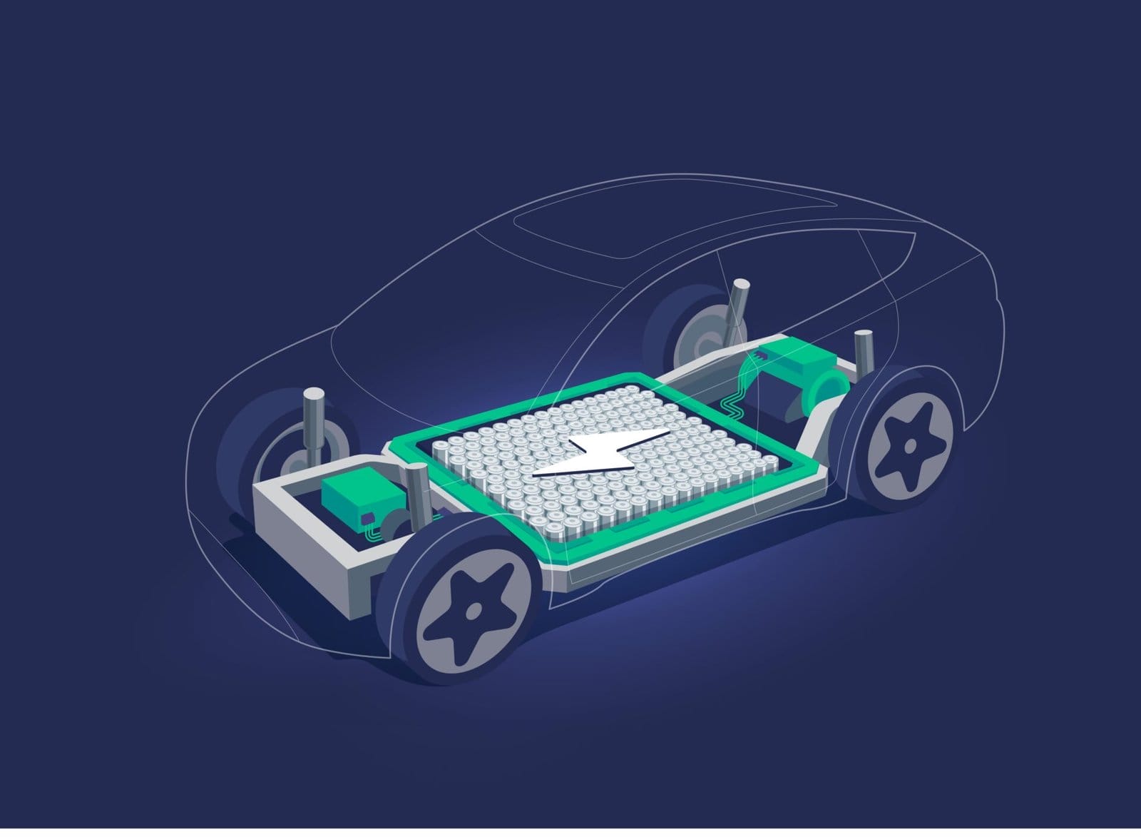 Electric car inside chassis with high energy battery cells pack modular platform. Skateboard module board. Vehicle components motor powertrain, controller with bodywork wheels. Vector illustration.