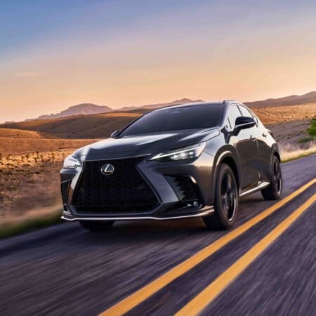 lexus nx 450h plus electric vehicle desert road sunset