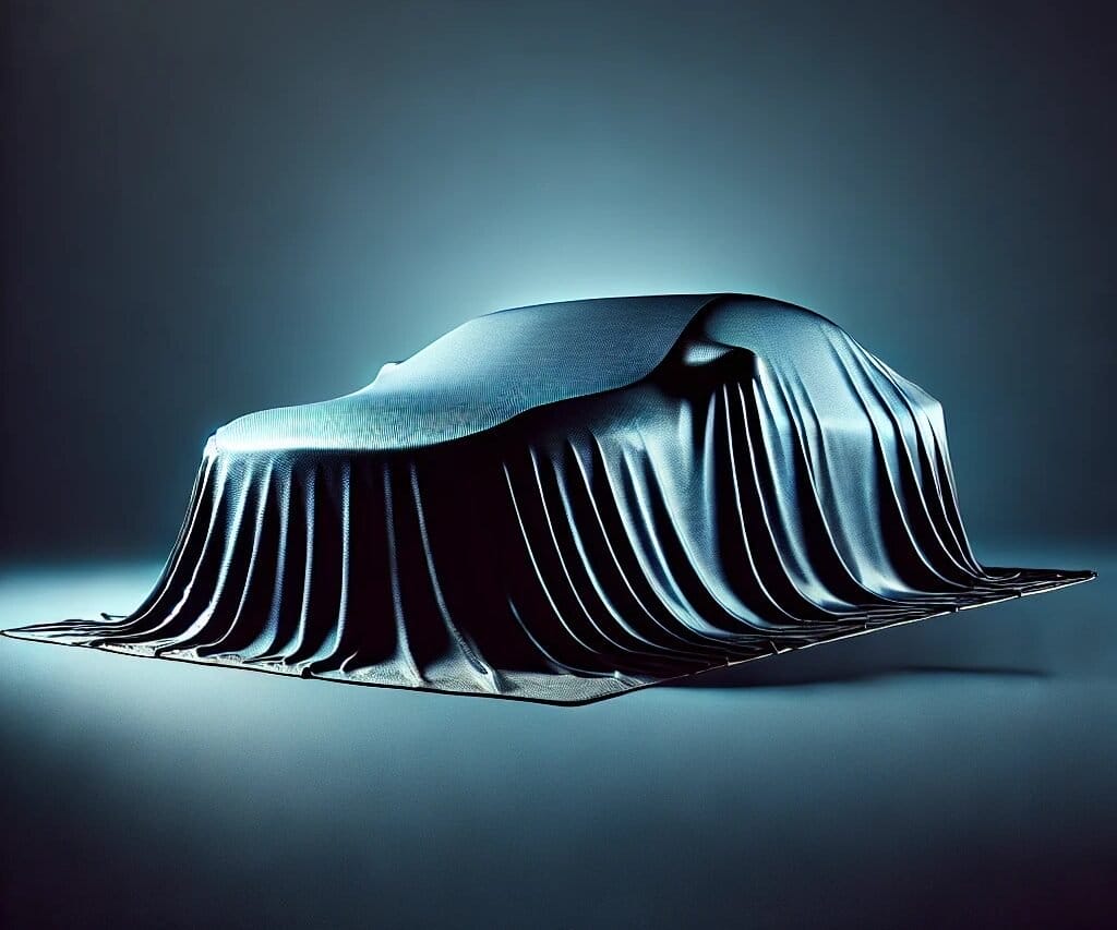 A mysterious, shrouded car under a sleek, dark fabric cover on a brighter, minimalist dark blue background. The fabric should have distinct highlights