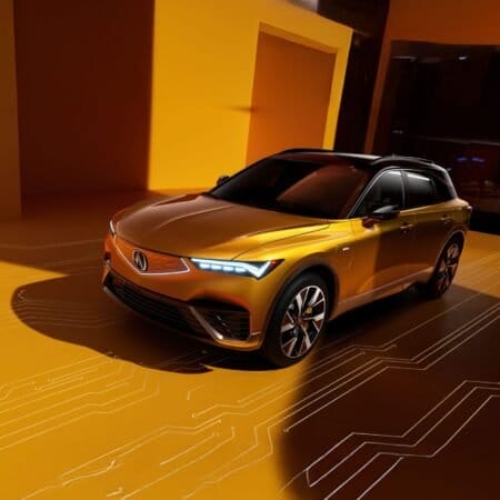 A gold-colored Acura ZDX electric vehicle parked in a showroom with a futuristic design and circuit-like patterns on the floor.