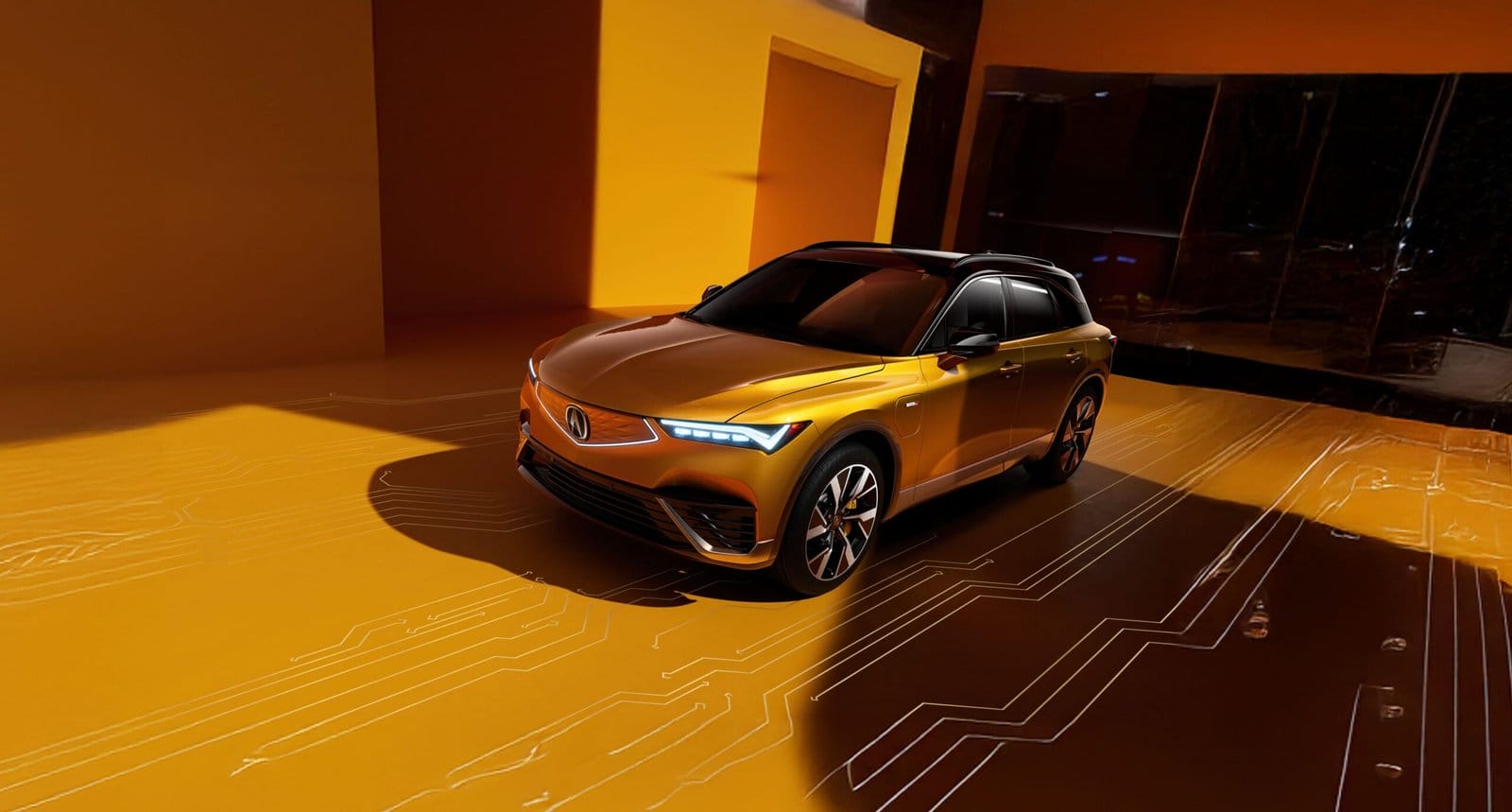A gold-colored Acura ZDX electric vehicle parked in a showroom with a futuristic design and circuit-like patterns on the floor.