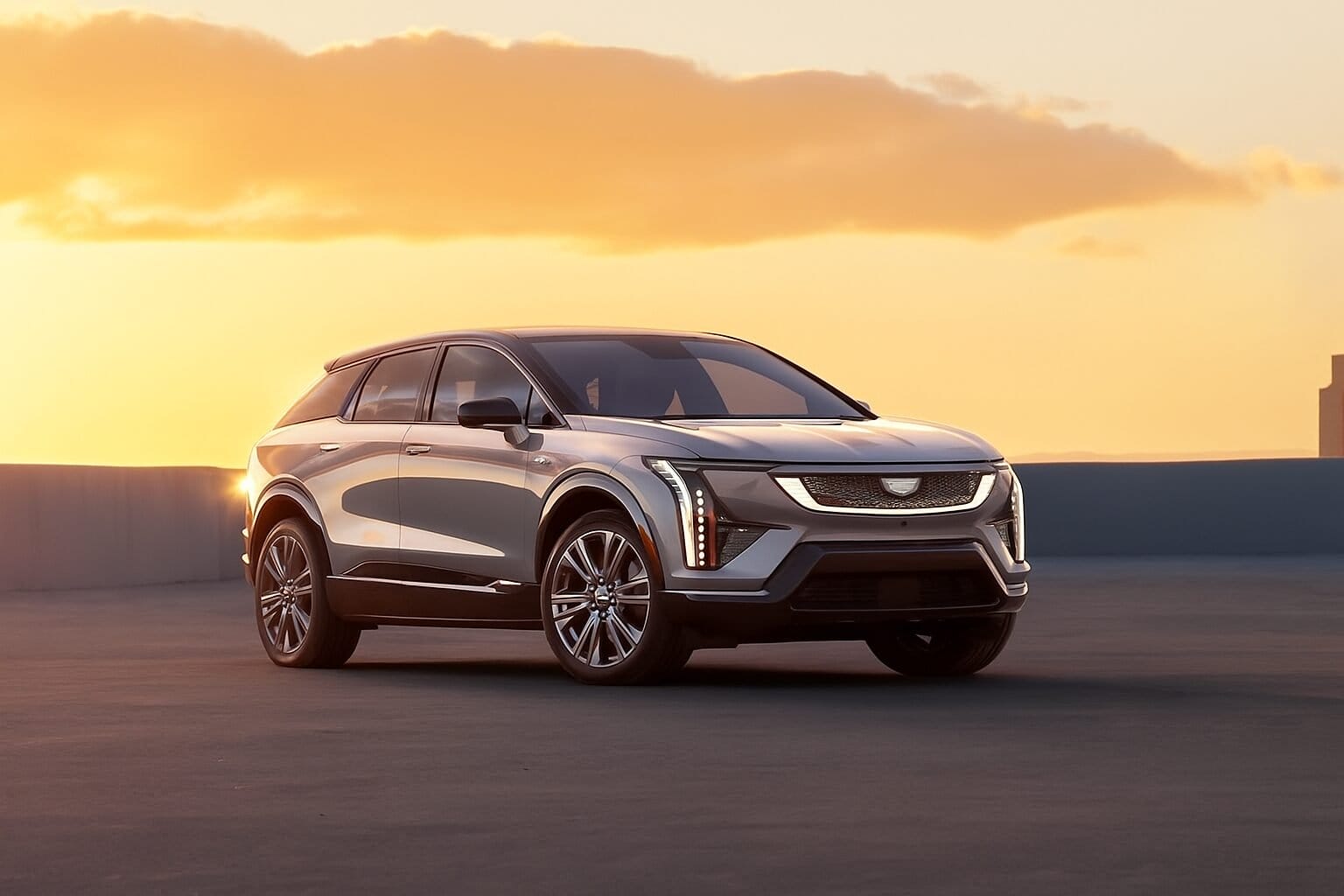 Cadillac Optiq electric vehicle viewed from the front passenger side under a sunset sky on an open rooftop