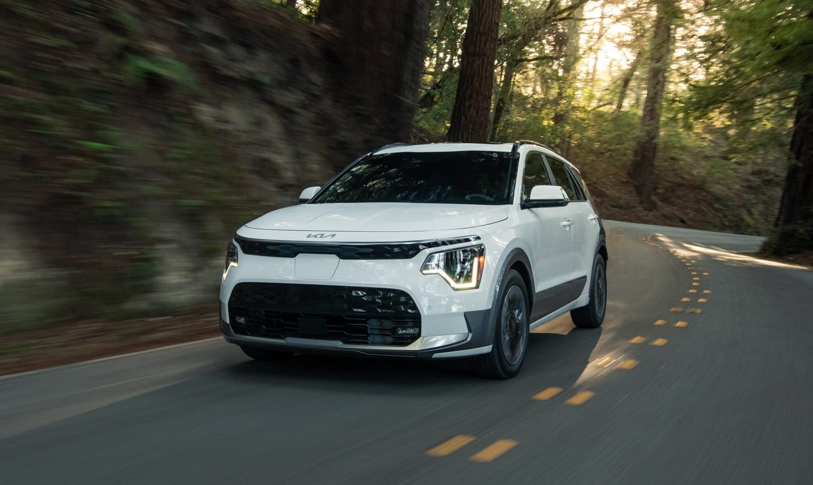 Front view of a white Kia Niro EV electric vehicle driving on a winding forest road with motion blur