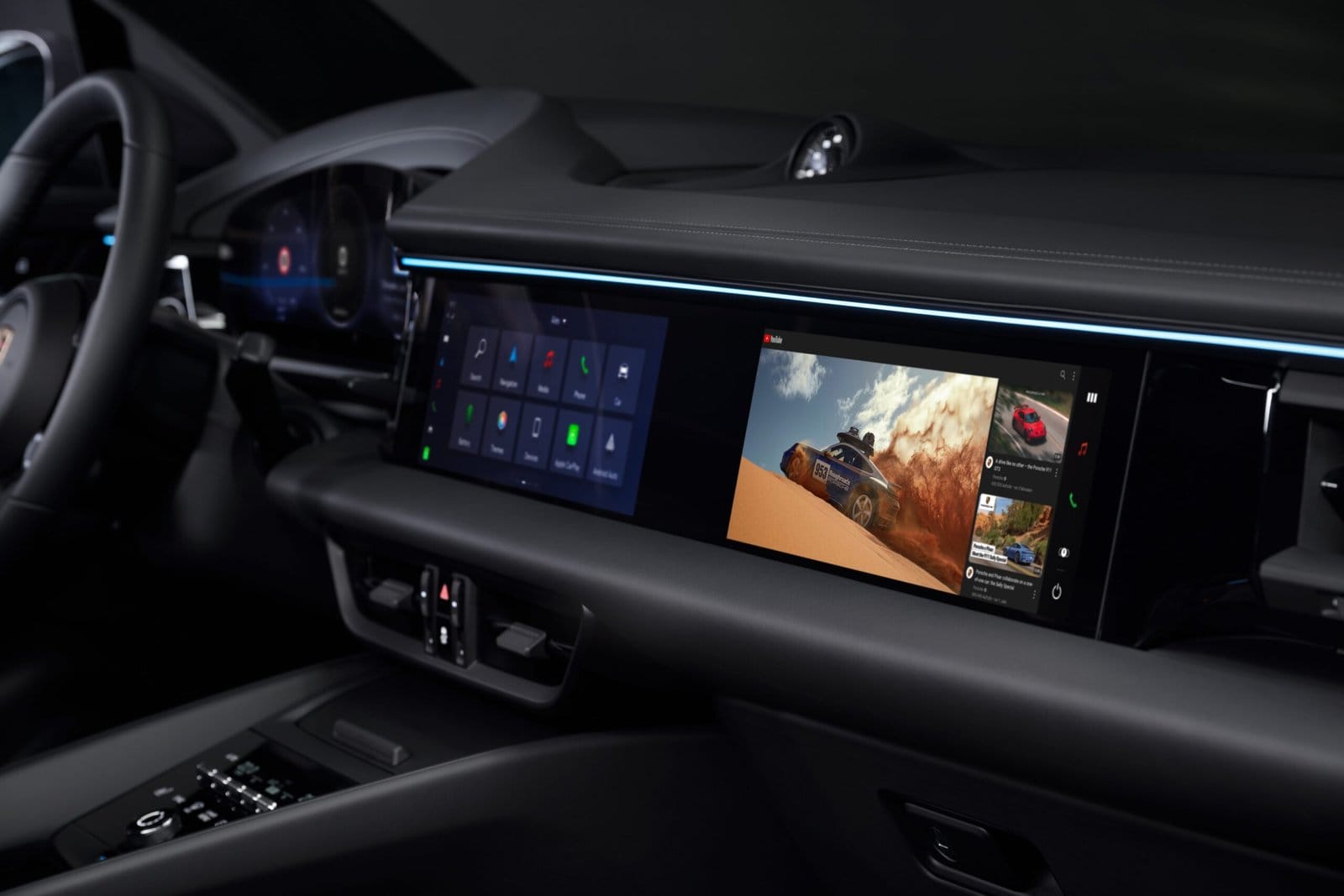 Digital dashboard and passenger screen of the Porsche Macan EV electric vehicle showing infotainment options and video playback