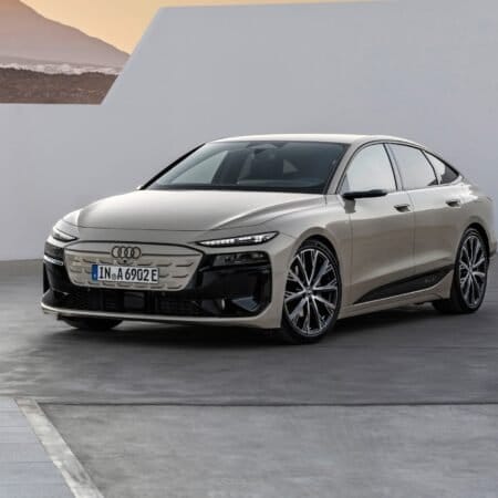 Front angled view of the 2025 Audi A6 e-tron electric vehicle parked in an outdoor setting
