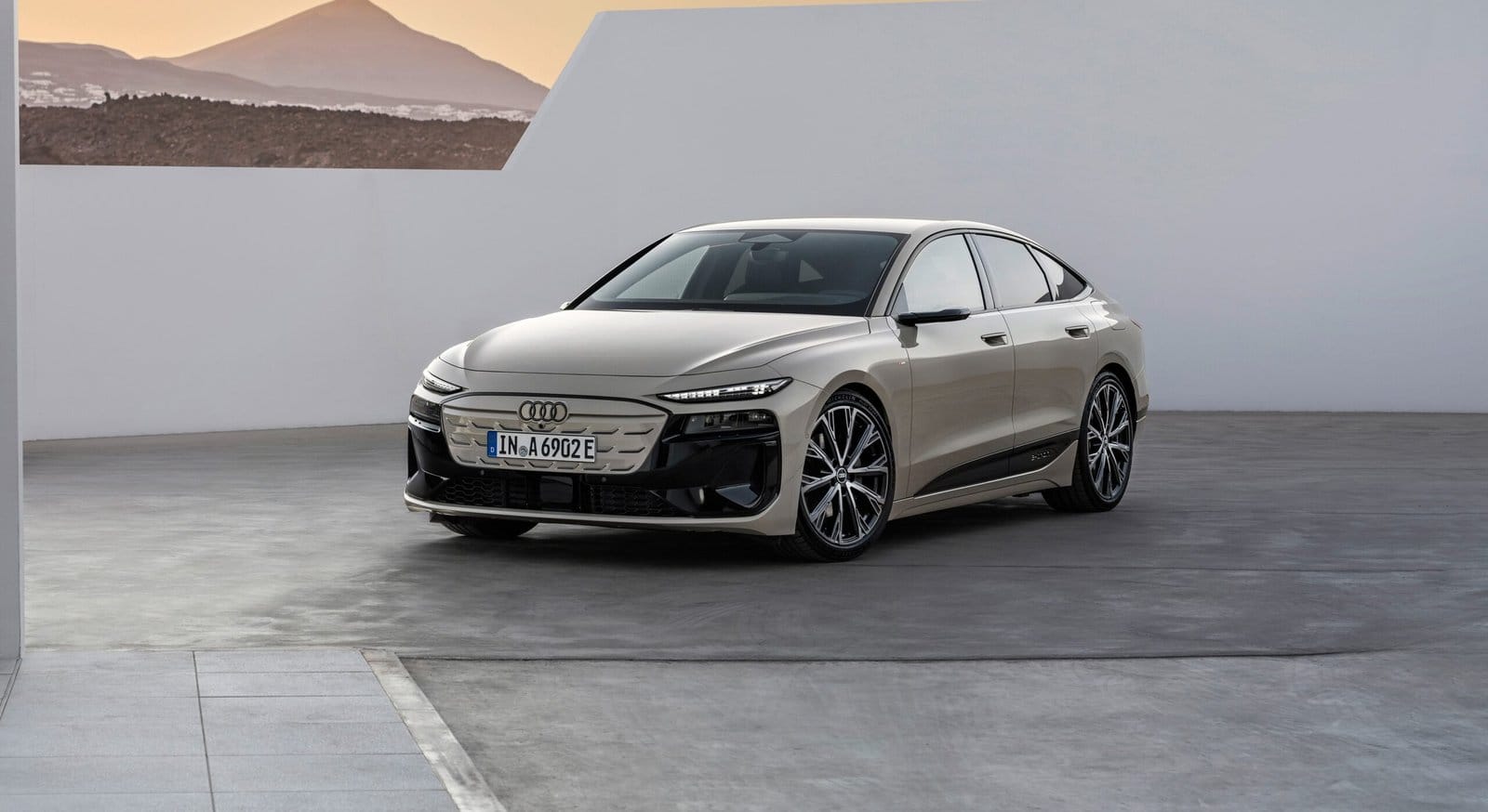 Front angled view of the 2025 Audi A6 e-tron electric vehicle parked in an outdoor setting