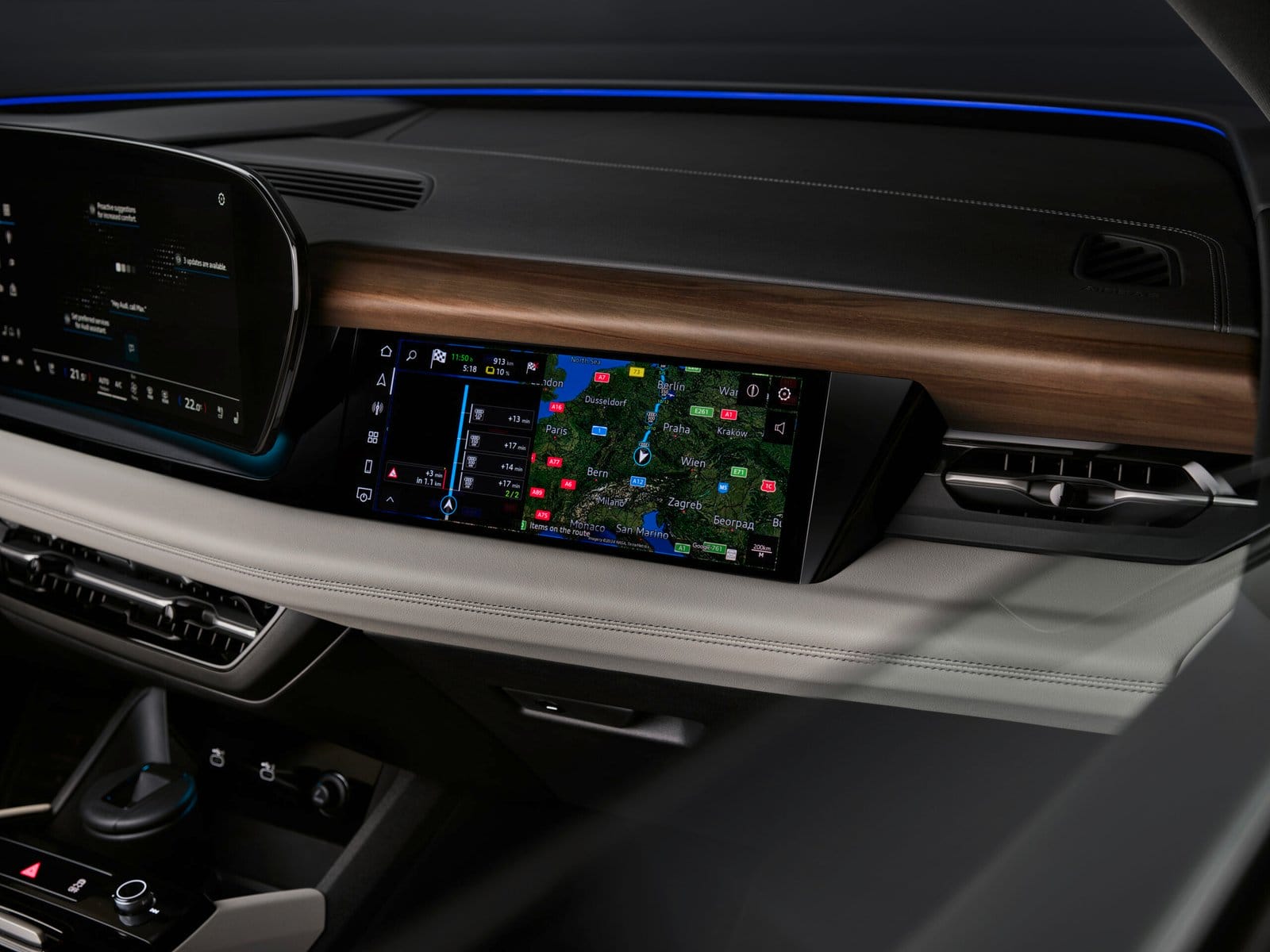 Interior dashboard of Audi A6 e-tron electric vehicle showing digital navigation display and infotainment system