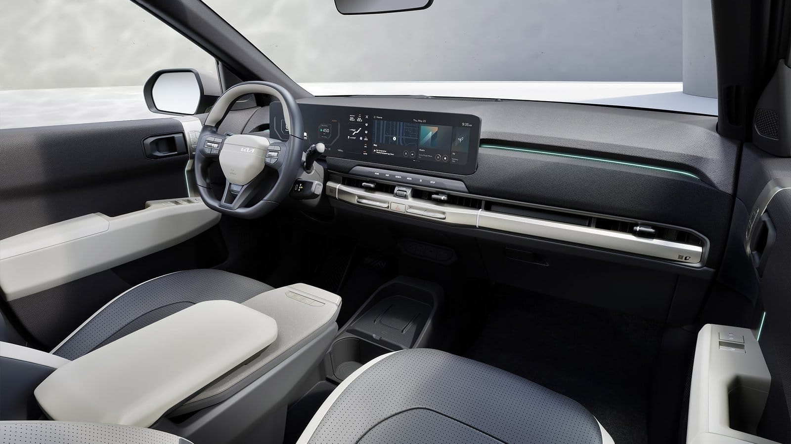 Dashboard and front seating of Kia EV3 electric vehicle with digital screen and modern controls