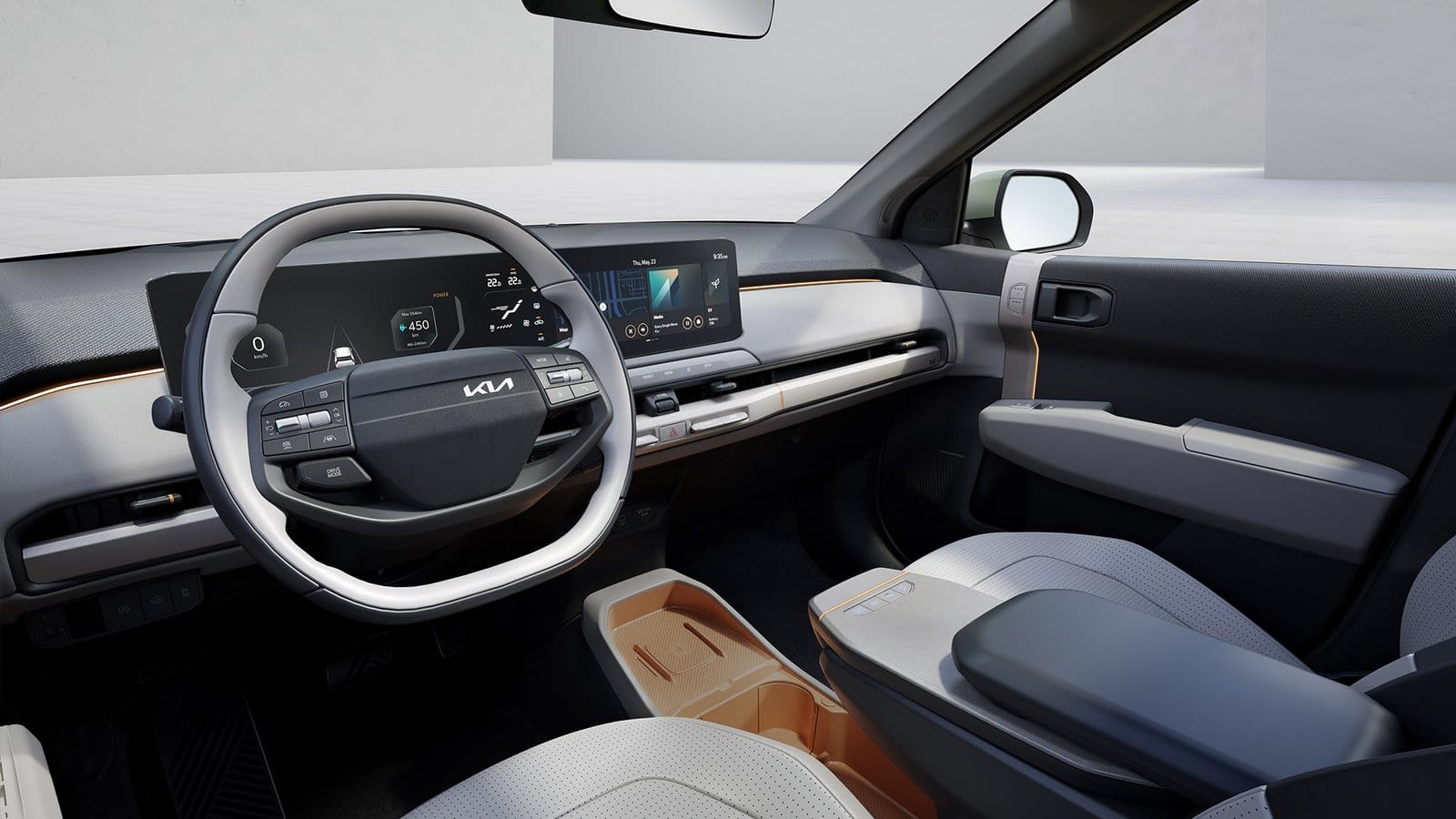 Kia EV3 electric vehicle cockpit showing steering wheel, digital dashboard, and center console design