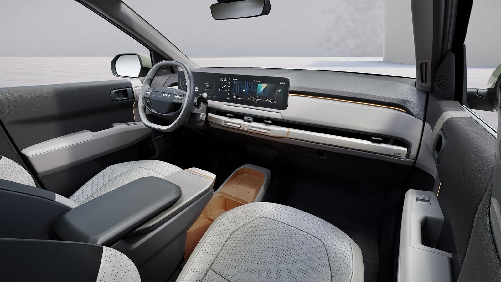 Wide interior view of Kia EV3 electric vehicle cabin with digital display