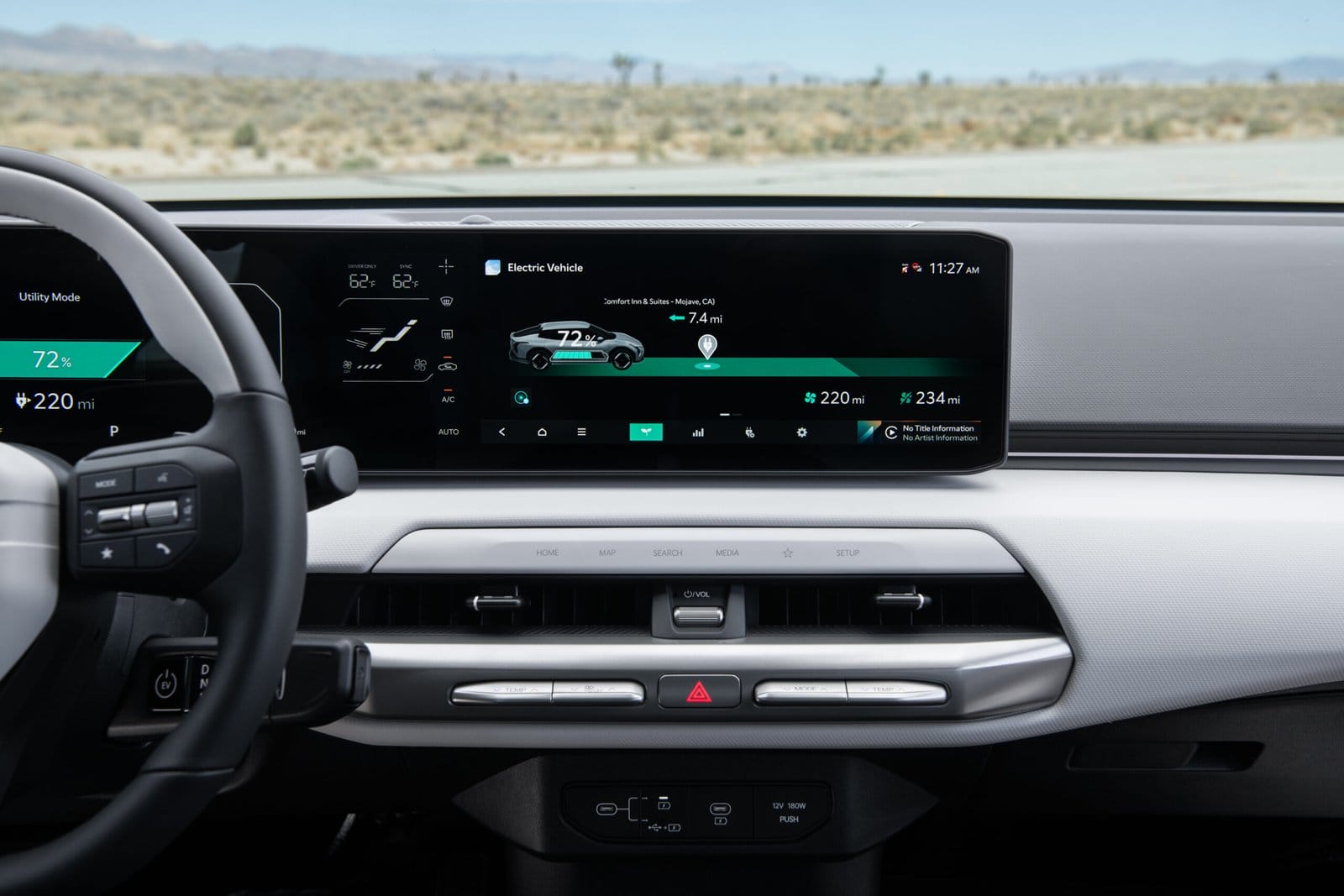 Close-up of Kia EV4 electric vehicle infotainment display with navigation, range information, and battery status