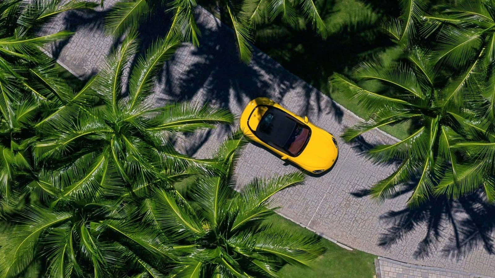Overhead view of a yellow MG Cyberster electric vehicle, a Chinese EV, parked on a stone driveway surrounded by palm trees casting shadows on the ground.